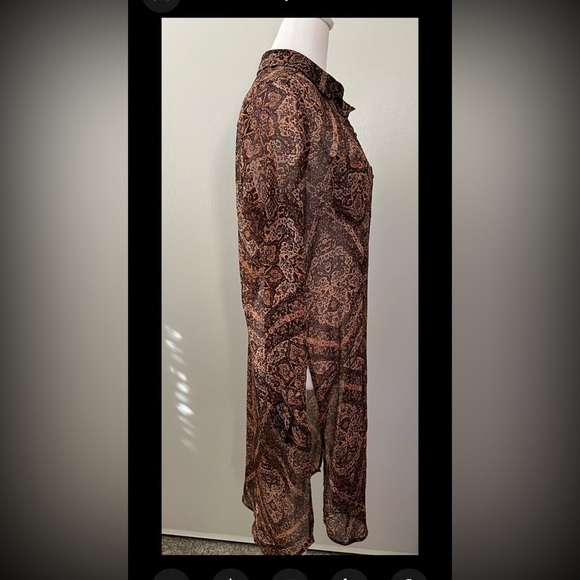 Democracy Boho Sheer Long Shirt Dress Button Front Medium Beautiful Fall Tones - Picture 2 of 5